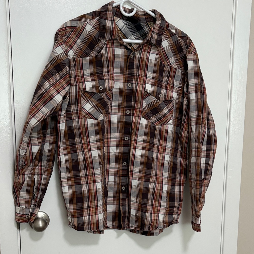 Patagonia Men’s Brown and Tan Plaid Organic Cotton Shirt Medium